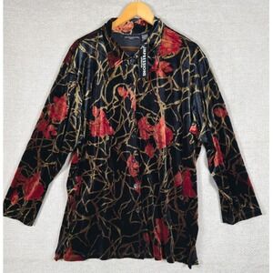 Impressions‎ Lifestyle Womens 2X Velvet Button Down Shirt Red Gold Floral Tunic